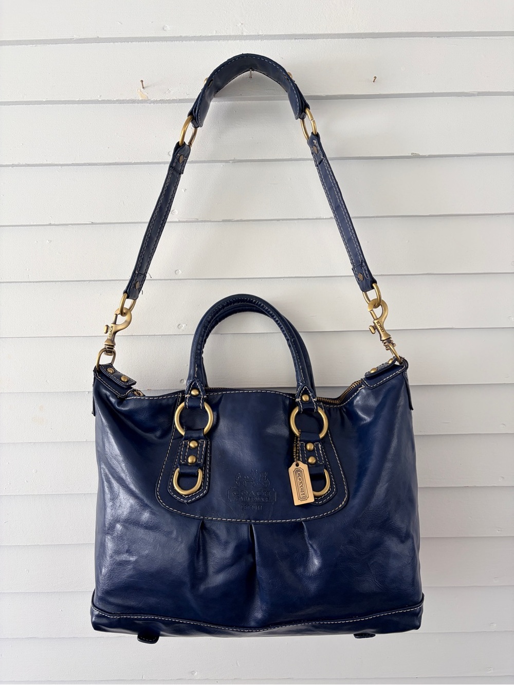 Vintage Y2K Coach Navy Blue Leather Satchel Bag Gold Hardware Shoulder Crossbody